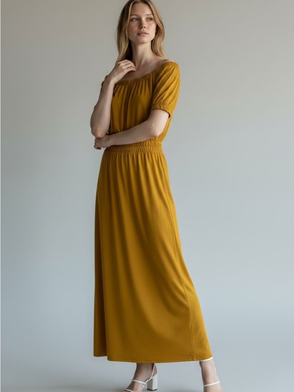 Jessica London Mustard Off-Shoulder Smocked Maxi Dress